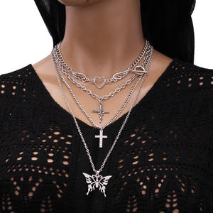 Ensemble de colliers superposés avec pendentif croix papillon et cœur, couleur argent, multi-chaînes, bijoux de mode pour femmes - Product Image 1
