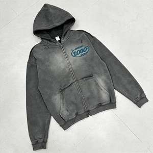 Sweat à capuche zippé pour homme, déchiré et vieilli, imprimé en relief délavé à l'acide, fil métallique, en molleton français 500G 100% coton - Product Image 5