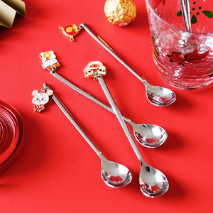 2022 confezione regalo nuovo prodotto confezione titanio tigre Lucky Cat cucchiai ciondolo Set forchetta cucchiai da tè in acciaio inossidabile dorato - Product Image 3