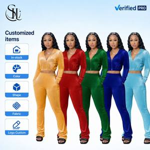 Conjunto Deportivo de Dos Piezas de Terciopelo para Mujer, con Logotipo Personalizado, Sudadera con Cierre y <span class=keywords><strong>Pantalones</strong></span> con Cordón, Corte Ajustado, Ropa Casual para Estar en Casa, Listo para Enviar - Product Image 1