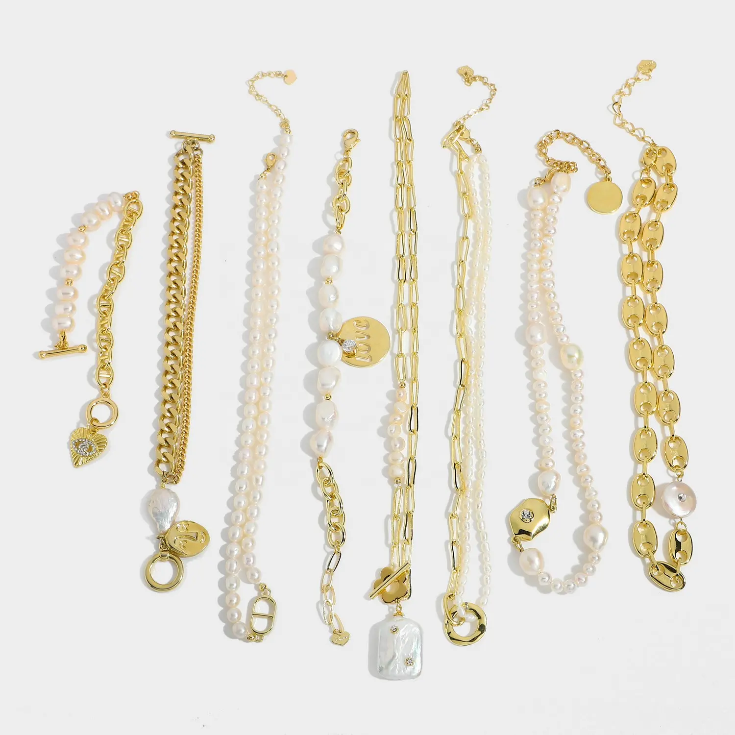 Elegant Baroque Freshwater Pearl Chunky Choker 14K Gold Plated Brass Link Chain Zircon Heart Face Pendant Necklace bracelet