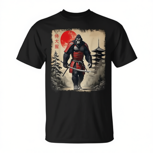 Camiseta con diseño de Guerrero Samurái Gorila, Arte Japonés, Sol Rojo, Diseño de Armadura Japonesa - Product Image 2