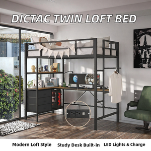 Lit superposé DICTAC Twin avec bureau en forme de L, station de charge, éclairage LED, 3 étagères de rangement, 3 tiroirs en tissu, échelle de sécurité, sans sommier - Product Image 2