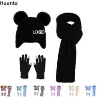 Ensemble 3 pièces bonnet, écharpe longue et gants en acrylique avec pompon oreilles d'ours, personnalisable avec logo OEM pour enfants