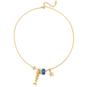 Collier pendentif en forme d'arête de poisson plaqué or avec breloque étoile et pierre pour femme, bijoux de fête, pendentifs à thème, design squelette - Product Image 5