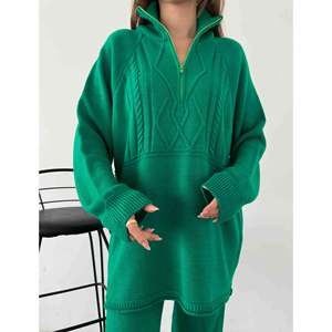 Ensemble en tricot vert à col polo et fermeture éclair pour femme, mélange de laine, taille S - Product Image 2