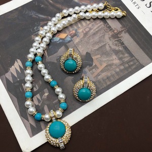 Ensemble de boucles d'oreilles et collier en or plaqué or chrétien, style bohème, incrusté de perles et de turquoise, pour femmes, livraison gratuite - Product Image 1