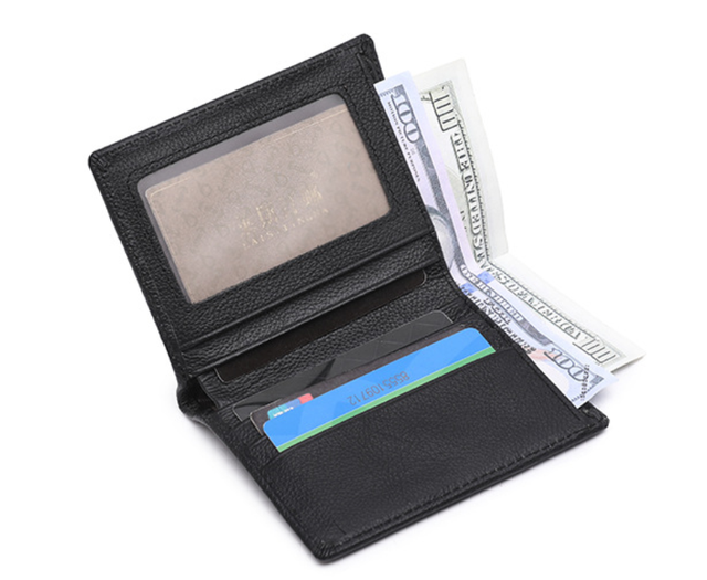 Black Genuine Leather Bifold Wallet Transparent ID Window Multi Card Slots Cash Pocket Daily Business Men Purse