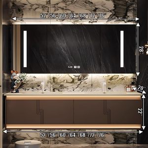 Meuble-lavabo mural double vasque marron style minimaliste avec vasque intégrée sans joint et armoire miroir LED intelligente - Product Image 2