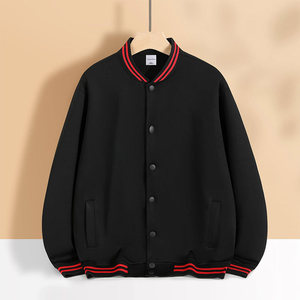 Baseball Jacket Women Black Red Trim Solid Color Polyester Autumn Winter Outerwear Leisure Wear - Product Image 1