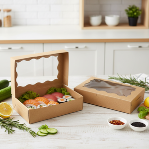 Kotak Kue Kertas Persegi Panjang Ramah Lingkungan dengan Laminasi Matt Biodegradable <span class=keywords><strong>7</strong></span> X 4.3 X 1.5 Inci dan Tutup Transparan untuk Sushi - Product Image 5