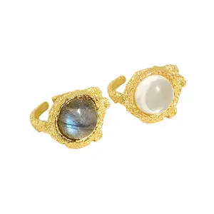 WuQie Natural Gemstone Ring Adjustable 925 Sterling Silver Raw Crystal Labradorite Jewelry Rings