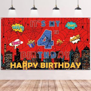 Pancarta de Feliz Cumpleaños con Diseño de Telaraña para 4 Años, Decoraciones con Fondo Rojo y Azul, Artículos para Niños de 4 Años, Personalizable - Product Image 2