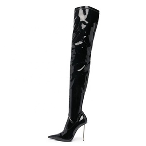 Sexy Metal Slim Heels Women's Skintight Over Knee <b>Boots</b> Pointed Toe Patent Stiletto Long Booties Thigh High Shoes - Product Image 2