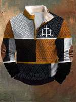 Herentrui van polyester, verticale wafelrib gebreid, kwart-rits, plus size, contrast suède afwerking, opstaande kraag, elleboogpatches, zacht