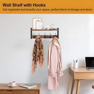 Étagère murale de 42,5 cm avec crochet, porte-manteau en bois avec étagère, support mural pour suspendre les vêtements, étagère suspendue pour l'entrée - Product Image 6