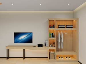 Juego de Muebles para Habitación de Hotel de 3 Estrellas Económico con Cama King, Estructura de Cama Sólida con Cabecera, Mesitas de Noche, Armario y Soportes para TV - Product Image 4