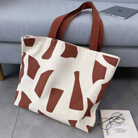 Tas Tote Kanvas Katun 6-16oz Dapat Digunakan Kembali Desain Polos Organik Motif Leopard Warna-warni Modis Penutup Ritsleting Tali Bahu Custom