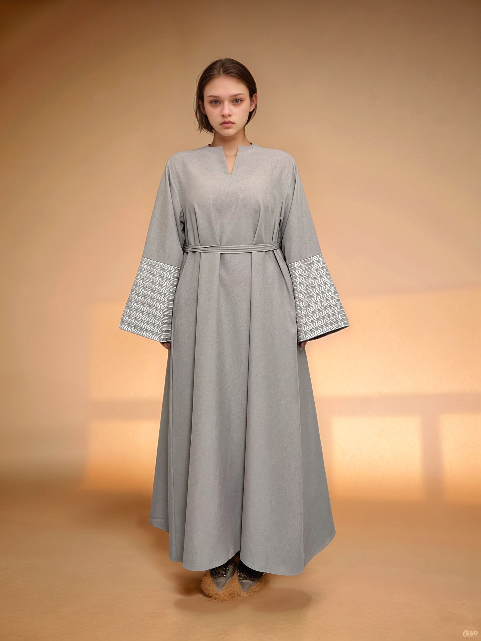 silver abaya dress Julia Luxury Satin Silk 4-piece Abaya Set | Elegant Silver Grey | Embellished Modest Fashion for Parties, Weddings, Occasions, Eid Outfit