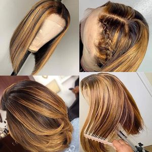 Perruque Bob Courte Lisse Ombré Blond Miel avec Mèches 4/27, Cheveux Humains, Perruque Lace Front 13x4, 100% Cheveux Humains Pré-Pluckée, 14 Pouces - Product Image 4