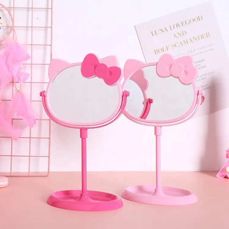 Pink Bowknot Kawaii KT Cat Table Mirror Double Sided Rotation Princess Mirror Makeup Mirror Espejo De Maquillaje