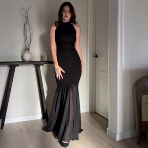 <span class=keywords><strong>Robe</strong></span> Longue Moulante et Évasée <span class=keywords><strong>Femme</strong></span> Sexy et Élégante Noire sans Manches d'Été avec Voile en Maille et Patchwork - Product Image 1