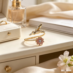 Anello Aperto con Uccelli e Fiori Colorati, Anello Statement alla Moda per Donne, Accessorio per Dita in Stile Fresco - Product Image 4