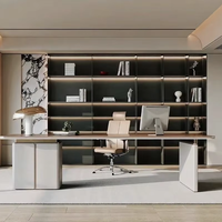 Bureau de travail en bois minimaliste et élégant, gain de place, bibliothèque, étagères ouvertes, éclairage intégré, espace de travail moderne, chambre à coucher, salon