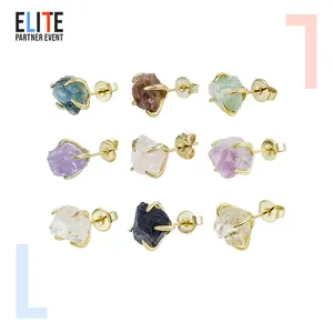 Wholesale Minimalist Natural Gemston Aquamarine Stone Earring Custom Logo Customized Quartz Jewelry Crystal Stud Earrings Women