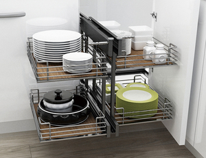 Custom Dark Wood Stainless Steel Wire 180° Swivel Universal Pull Out For Modular Kitchen <b>Cabinet</b> Magic <b>Corner</b> Basket - Product Image 1