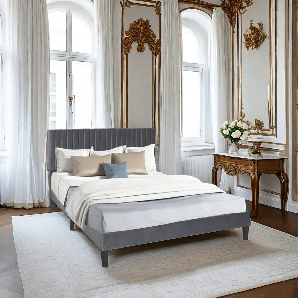 Desain Eropa terbaru papan kepala kayu kain abu-abu tempat tidur ukuran penuh ganda untuk furnitur rumah tempat tidur berlapis kain