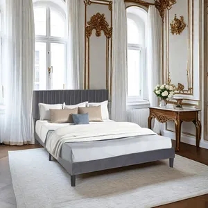 Европейский новейший дизайн, деревянная изголовье, серая ткань, двуспальная полноразмерная кровать для домашней мебели, мягкая кровать