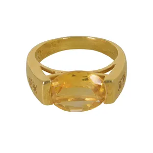 Harga pabrik cincin batu permata Citrine pernyataan baru cantik perhiasan berlapis emas perak 925 Sterling