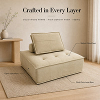 Fauteuil ottoman modulaire carré en tissu capitonné, base au niveau du sol, canapé lounge pour salon spacieux