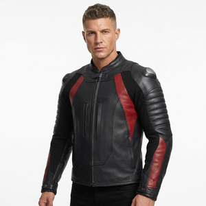 <b>Men's</b> Black Red Color Blocked Leather Motorcycle <b>Jacket</b> Full Sleeve Windproof All Seasons <b>Biker</b> Style Heavy Duty Leather <b>Jackets</b> - Product Image 1