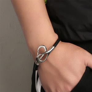 Wholesale Fashion Jewelry Custom Hand-woven Knit Wrist Band <b>Leather</b> <b>Bracelet</b> Stainless Steel Unique Clasp <b>Bracelet</b> for Men - Product Image 2