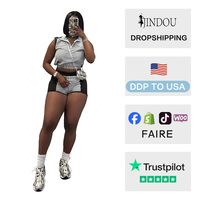 Ensemble deux pièces pour femmes, mode européenne et américaine, décontracté d'été, haut sans col à demi-zip sans manches avec short patchwork