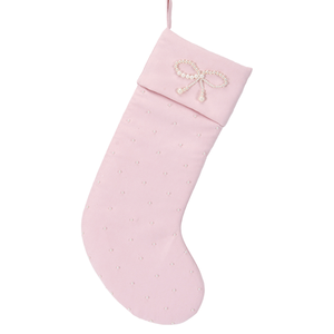 Blush <b>Pink</b> Pearl Beaded Velvet Christmas Stocking Bow Xmas Sock for Girls Room Holiday Gift <b>Bags</b> - Product Image 1