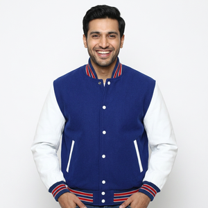 <b>Men's</b> Wool Baseball Varsity <b>Jacket</b> with <b>Leather</b> Sleeves Custom Logo Stand Collar Winter CollegeBaseballjacket for <b>men</b> - Product Image 1