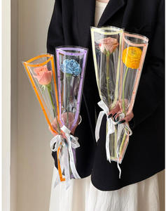 تمنيات جميلة: حقيبة فردية، شفافة، عبوة زهرة وردية واحدة، تغليف زهور، ورق باقة زهور. - Product Image 3