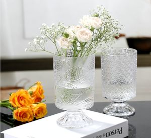 French <strong>Vintage</strong> Relief Tall Transparent Glass Vase for Flower Arrangement High End Decorative <strong>Item</strong> for Dining Table - Product Image 2