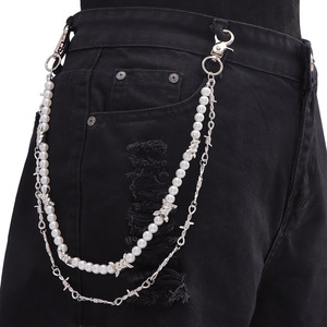 โซ่คาดเอวมุกสองชั้นแบบมีหนามแหลม สีเงิน มุกเทียม แฟชั่นสำหรับผู้หญิงและผู้ชาย เครื่องประดับสำหรับใส่ทุกวัน - Product Image 5