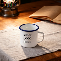 Mug en émail vierge pour sublimation Topjlh 12oz/350ml avec bord bleu, personnalisable, pour le camping, vente en gros
