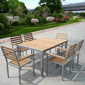 Uplion Luxury 6 Seats Plastic Wooden Dining Table Set Garden Furniture Set Patio Dining Table Chairs Set
