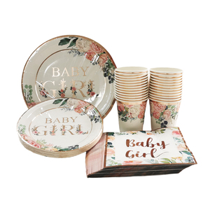 Gül altın çiçek bebek duş partisi sofra seti 24 çevre dostu tabaklar peçeteler bardaklar bıçaklar çatal masa süslemeleri - Product Image 1