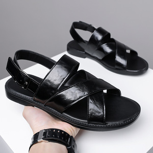 Sandales en cuir à brides croisées pour hommes Marron Antidérapantes Chaussures de plage d'été Taille 46 47 - Product Image 2