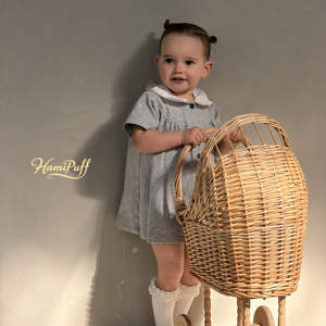 Robe bébé en coton mélangé doux, extensible et respirant, coupe trapèze, col Peter Pan en jersey, manches courtes, pour tout-petits, usage quotidien - Product Image 4