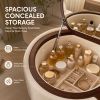 Ensemble coiffeuse rembourré crème avec miroir rond rabattable, rangement dissimulé, chaise assortie, mobilier de chambre