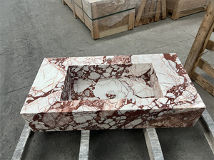 Lavabo de tocador de baño de mármol de lujo Rectángulo Calacatta Fregaderos de baño colgantes de pared de mármol rosa - Product Image 4