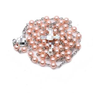 Collier chapelet en fausses perles 6 mm, style vintage, croix, bijoux religieux unisexe, bleu ciel, rose, blanc - Product Image 4